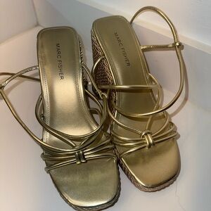 Marc Fisher Gold Wedge Sandals with Strappy Design